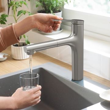 HANSGROHE ZESIS M33 dřezová baterie, s vytahovací sprškou, sBox lite, nerez 74804800 Obrázek - fotka