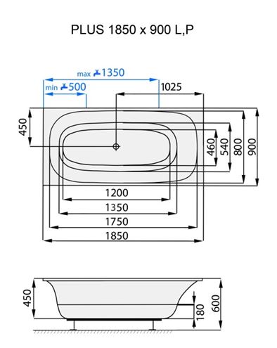 SANTECH ONE vana 185x90 cm, bez nožiček, akrylát SAPLU185P Technický nákres