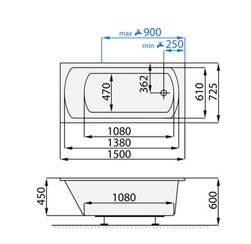 SANTECH SMART vana 150x72,5 cm, bez nožiček, akrylát SASMA150 Technický nákres