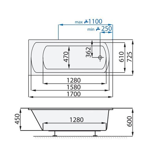 SANTECH SMART vana 170x72,5 cm, bez nožiček, akrylát SASMA170 Technický nákres