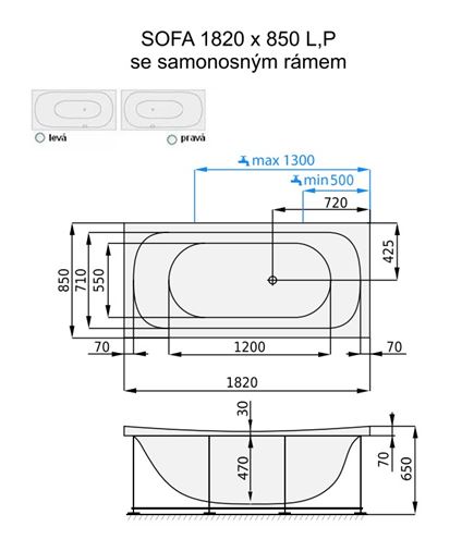 SANTECH SOFA vana 182x85 cm, s rámem, akrylát SASOF182P Technický nákres