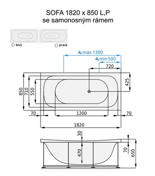 SANTECH SOFA vana 182x85 cm, s rámem, akrylát SASOF182P Technický nákres