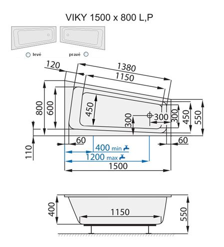 SANTECH VIKY rohová vana 150x80 cm, bez nožiček, akrylát SAVIK150L Technický nákres