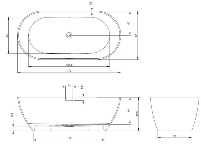 RIHO BILBAO volně stojící vana 170x80 cm, pro 2 osoby, litý mramor B118001105 Technický nákres