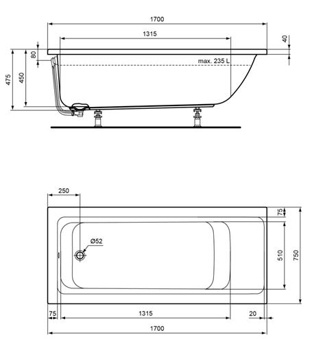 IDEAL STANDARD CONNECT AIR vana 170x75 cm, bez nožiček, akrylát E106401 Technický nákres