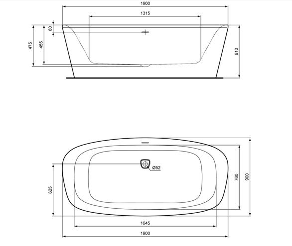 IDEAL STANDARD DEA volně stojící vana 190x90 cm, pro 2 osoby, akrylát E306801 Technický nákres