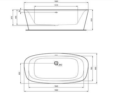 IDEAL STANDARD DEA volně stojící vana 190x90 cm, pro 2 osoby, akrylát E306801 Technický nákres