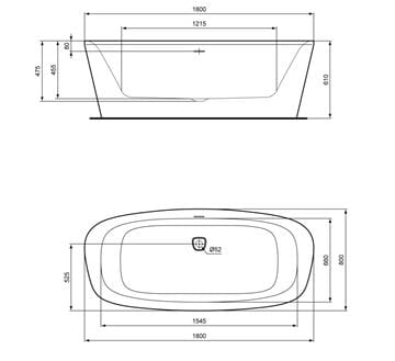 IDEAL STANDARD DEA volně stojící vana 180x80 cm, pro 2 osoby, akrylát E306701 Technický nákres