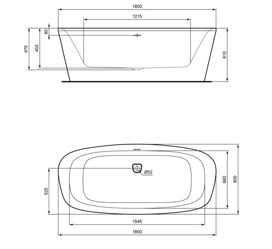 IDEAL STANDARD DEA volně stojící vana 180x80 cm, pro 2 osoby, akrylát E306701 Technický nákres