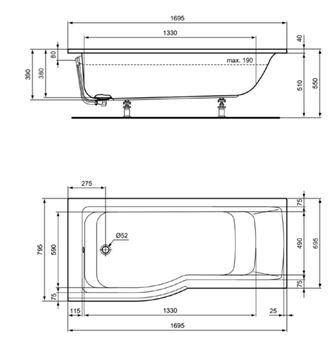 IDEAL STANDARD CONNECT AIR rohová vana 170x80 cm, bez nožiček, akrylát E113401 Technický nákres