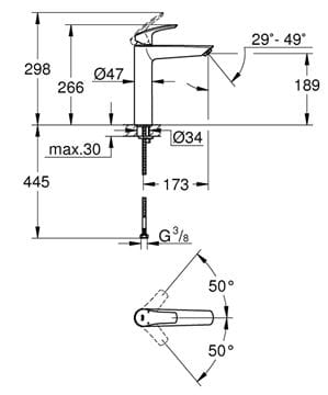 GROHE EUROSMART umyvadlová stojánková baterie, chrom 23971003 Technický nákres
