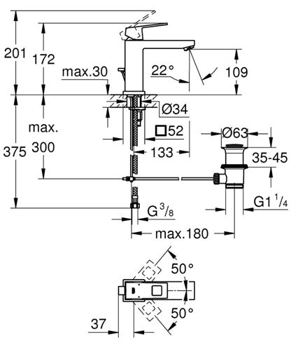 GROHE EUROCUBE umyvadlová stojánková baterie, s odtokovou soupravou, kartáčovaný hard graphite 23445AL0 Technický nákres