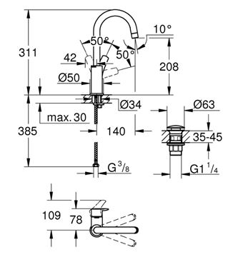 GROHE EUROSMART umyvadlová stojánková baterie, s odtokovou soupravou, chrom 23970003 Technický nákres