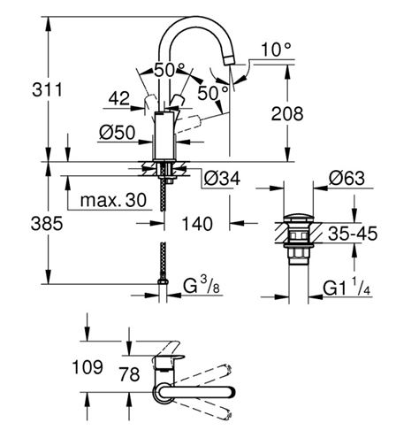 GROHE EUROSMART umyvadlová stojánková baterie, s odtokovou soupravou, chrom 23970003 Technický nákres