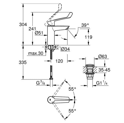 GROHE EUROSMART umyvadlová stojánková baterie, s odtokovou soupravou, chrom 23983003 Technický nákres