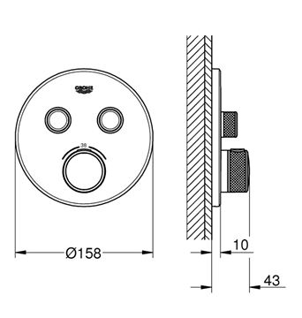 GROHE GROHTHERM SMARTCONTROL podomítková termostatická baterie, pro 2 spotřebiče, Water Saving, supersteel 29119DC0 Technický nákres