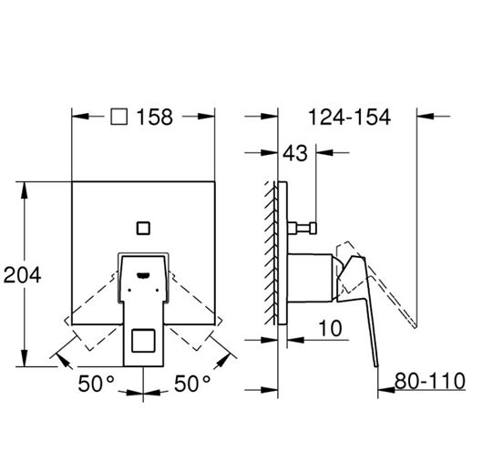GROHE EUROCUBE vanová podomítková baterie, s přepínačem, kartáčovaný hard graphite 24062AL0 Technický nákres