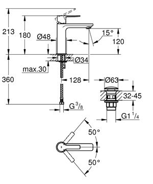 GROHE LINEARE umyvadlová stojánková baterie, s odtokovou soupravou, kartáčovaný hard graphite 23106AL1 Technický nákres