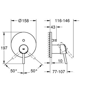 GROHE CONCETTO vanová podomítková baterie, s přepínačem, chrom 24054001 Technický nákres