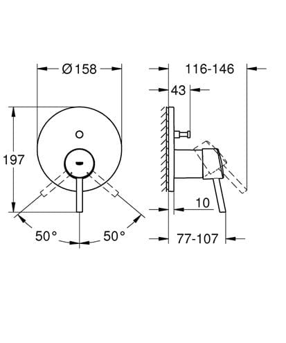 GROHE CONCETTO vanová podomítková baterie, s přepínačem, chrom 24054001 Technický nákres