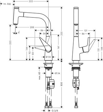 HANSGROHE TALIS SELECT M51 dřezová baterie, s vytahovací koncovkou, nerez 72822800 Technický nákres
