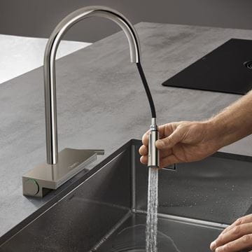 HANSGROHE AQUNO SELECT M81 dřezová baterie, s vytahovací sprškou a plochým sprchovým proudem, sBox, EcoSmart, nerez 73831800 Obrázek - fotka