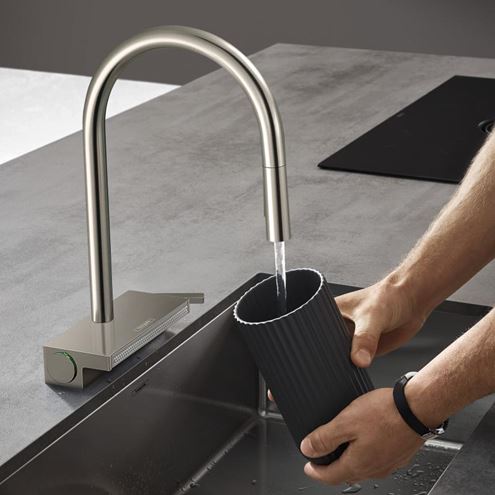 HANSGROHE AQUNO SELECT M81 dřezová baterie, s vytahovací sprškou a plochým sprchovým proudem, sBox, EcoSmart, nerez 73831800 Obrázek - fotka