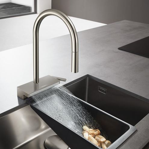 HANSGROHE AQUNO SELECT M81 dřezová baterie, s vytahovací sprškou a plochým sprchovým proudem, sBox, EcoSmart, nerez 73831800 Obrázek - fotka
