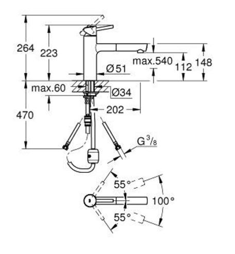 GROHE CONCETTO dřezová baterie, s vytahovací koncovkou, chrom 31129001 Technický nákres