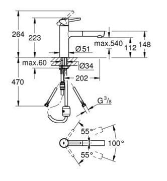 GROHE CONCETTO dřezová baterie, s vytahovací koncovkou, chrom 31129001 Technický nákres