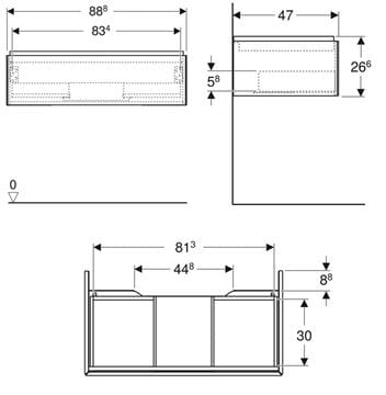 GEBERIT ONE skříňka pod umyvadlo 88,8x26,6x47 cm, 1 zásuvka, Push-open, matná černá 505.073.00.8 Technický nákres