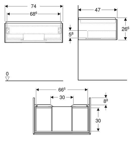 GEBERIT ONE skříňka pod umyvadlo 74x26,6x47 cm, 1 zásuvka, Push-open, matná černá 505.072.00.8 Technický nákres