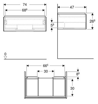 GEBERIT ONE skříňka pod umyvadlo 74x26,6x47 cm, 1 zásuvka, Push-open, matná černá 505.072.00.8 Technický nákres