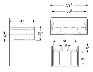 GEBERIT ONE skříňka pod umyvadlo 59,2x26,6x47 cm, závěsná, 1 zásuvka, Push-open, lesklá bílá 505.071.00.1 Technický nákres