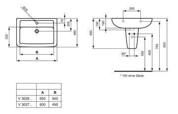 IDEAL STANDARD EUROVIT umyvadlo 60 cm, s otvorem pro baterii a přepadem V302701 Technický nákres