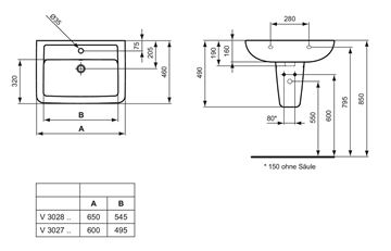 IDEAL STANDARD EUROVIT umyvadlo 65 cm, s otvorem pro baterii a přepadem V302801 Technický nákres