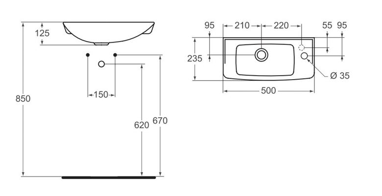 IDEAL STANDARD EUROVIT umývátko 50 cm, s otvorem pro baterii vpravo, bez přepadu R421901 Technický nákres