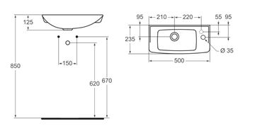 IDEAL STANDARD EUROVIT umývátko 50 cm, s otvorem pro baterii vpravo, bez přepadu R421901 Technický nákres