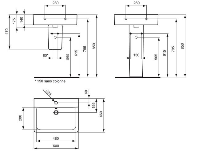 IDEAL STANDARD CONNECT CUBE umyvadlo 60 cm, s otvorem pro baterii a přepadem E714101 Technický nákres