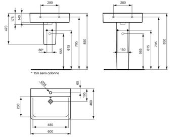 IDEAL STANDARD CONNECT CUBE umyvadlo 60 cm, s otvorem pro baterii a přepadem E714101 Technický nákres
