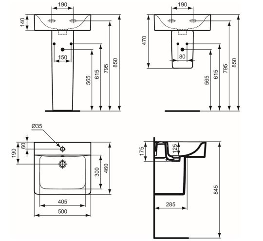 IDEAL STANDARD CONNECT CUBE umyvadlo 50 cm, s otvorem pro baterii a přepadem E713801 Technický nákres