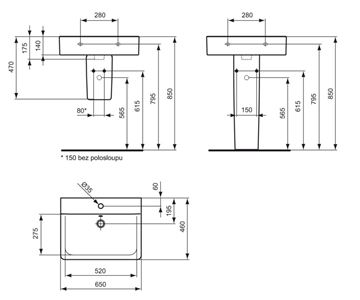IDEAL STANDARD CONNECT CUBE umyvadlo 65 cm, s otvorem pro baterii a přepadem E772901 Technický nákres