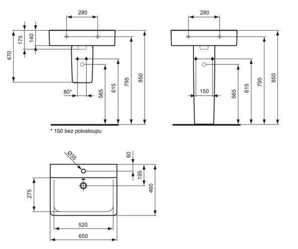 IDEAL STANDARD CONNECT CUBE umyvadlo 65 cm, s otvorem pro baterii a přepadem E772901 Technický nákres
