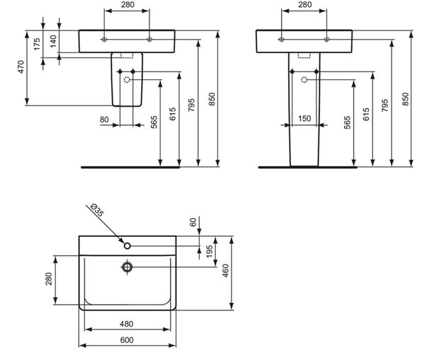 IDEAL STANDARD CONNECT CUBE umyvadlo 60 cm, s otvorem pro baterii, bez přepadu E810301 Technický nákres