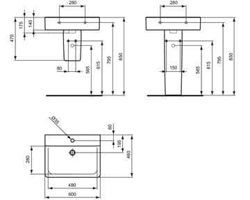 IDEAL STANDARD CONNECT CUBE umyvadlo 60 cm, s otvorem pro baterii, bez přepadu E810301 Technický nákres