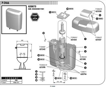 SLOVARM P-2466 WC kombi nádržka, boční přívod vody, Start-Stop P-2466 Technický nákres