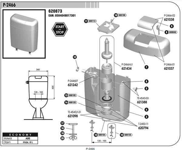 SLOVARM P-2466 WC kombi nádržka, boční přívod vody, Start-Stop P-2466 Technický nákres