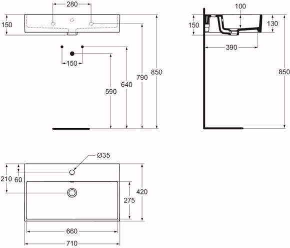 IDEAL STANDARD STRADA umyvadlo 71 cm, s otvorem pro baterii a přepadem K078201 Technický nákres