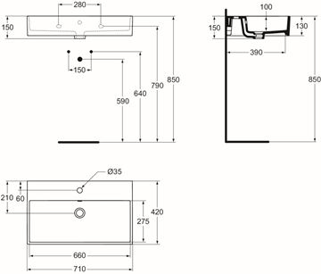 IDEAL STANDARD STRADA umyvadlo 71 cm, s otvorem pro baterii a přepadem K078201 Technický nákres