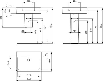 IDEAL STANDARD CONNECT CUBE umyvadlo 55 cm, bez přepadu E811201 Technický nákres